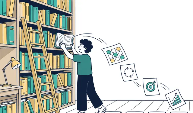 في مكتبة صغيرة بكتب صفراء وخضراء، يفتح مؤسس كتاباً فتطير منه أربع بطاقات مخططات في صف.