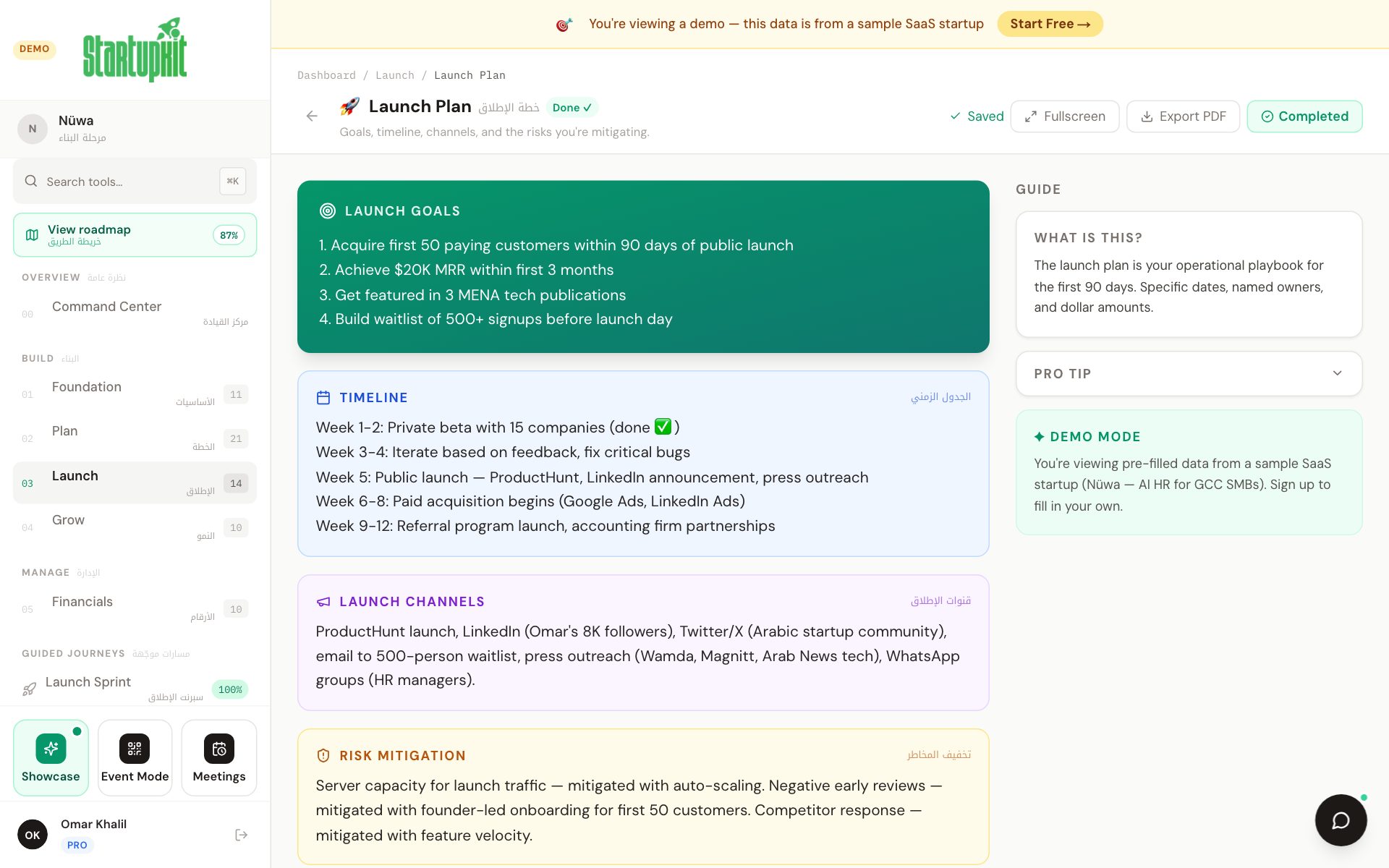 StartupKit Launch Plan for a sample startup: launch goals, a week-by-week timeline, launch channels and risk mitigation.